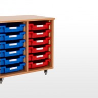 Double Bay Storage Units A deluxe storage solution constructed from 18mm MFC with rounded corners for safety in the classroom• Manufactured from 18mm MFC with 2mm PVC edging• All units supplied with non marking lockable castors • All units supplied with a 18mm solid back • Dimensions - 740w x 505d x 650h