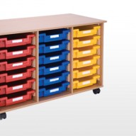 Triple Bay Storage Units A deluxe storage solution constructed from 18mm MFC with rounded corners for safety in the classroom• Manufactured from 18mm MFC with 2mm PVC edging• All units supplied with non marking lockable castors • All units supplied with a 18mm solid back • Dimensions - 1080w x 505d x 650h