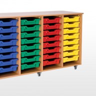 Quad Bay Storage Units A deluxe storage solution constructed from 18mm MFC with rounded corners for safety in the classroom• Manufactured from 18mm MFC with 2mm PVC edging• All units supplied with non marking lockable castors • All units supplied with a 18mm solid back • Dimensions - 1440w x 505d x 850h